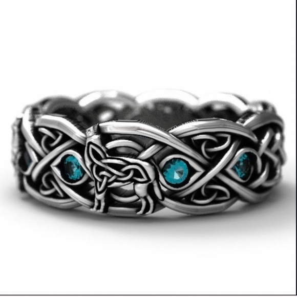 925 Sterling Silver Blue Topaz Celtic Wolf Ring - Picture 3 of 14